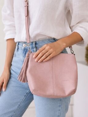 Louenhide Blush Pink Faux Leather Crossbody Bag with Tassel